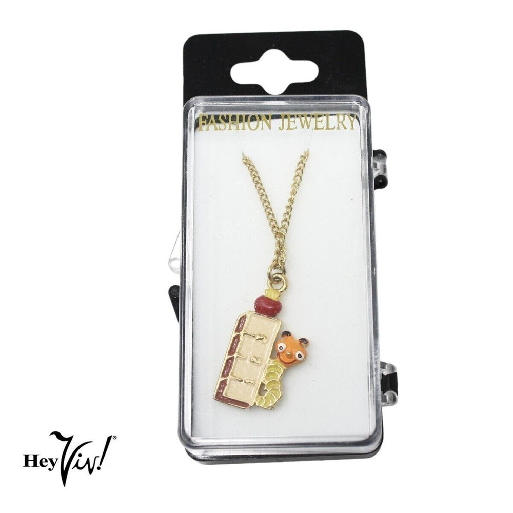 Vintage 80s Enamel Charm Necklace School Teacher Ruler Book Worm in Box- Hey Viv